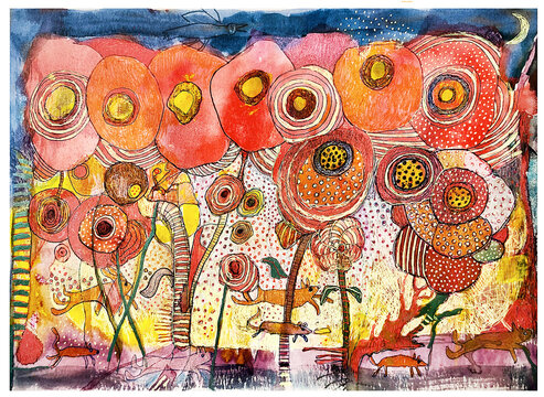 Abstract painting of vibrant flowers with swirling patterns and vivid colors.