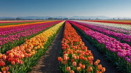 Color Spectrum of Blooming Tulips: A breathtaking field of vibrant tulips in full bloom, arranged in striking rows of rainbow colors, stretching towards the distant horizon.
