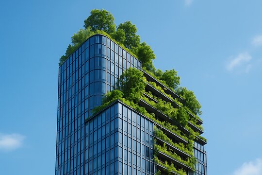 Modern sustainable skyscraper with rooftop garden against clear blue sky. - Powered by Adobe