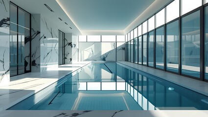 Fototapeta premium Luxury Indoor Swimming Pool with Modern Minimalist Design in Exclusive Hotel and Spa