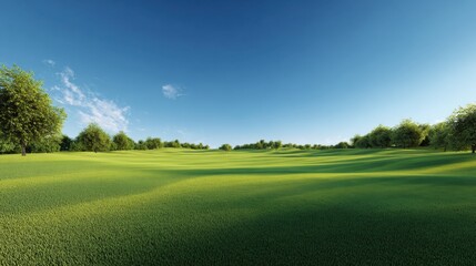Scenic Golf Course: A breathtaking panoramic vista of a meticulously manicured golf course, under a cloudless azure sky, evoking a sense of serenity and the beauty of the outdoors.