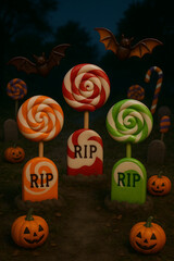 Candy cemetery. Halloween. Tombstones in the form of lollipops. The inscriptions “RIP”. Pumpkins and sweets. The atmosphere is fabulously scary. Autumn night.