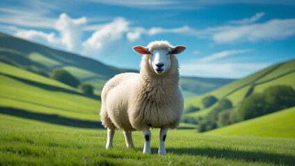 Fototapeta premium a single fluffy white sheep standing in the foreground 