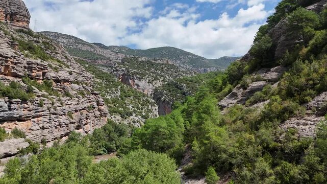 R&iacute;o en la naturaleza, monta&ntilde;as y paisaje. Vista a&eacute;rea de Drone 4k