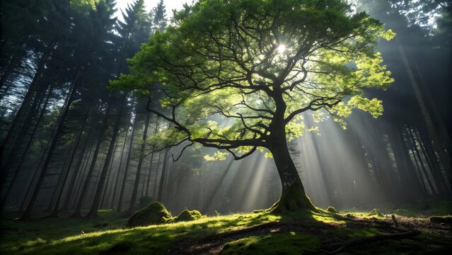 Majestic ancient oak tree bathed in golden sunlight shafts within a serene forest