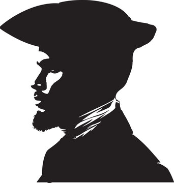 A stylized black and white silhouette of a man's head and shoulders, from the side profile, wearing 1800s caribbean fashion man tricorn hat and what looks to be 18th century clothing.