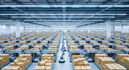 Obraz premium Automated Warehouse with Rows of Shelving and Robotic Arms in Modern Logistics Facility