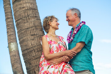 Senior couple embracing under palm trees against a clear blue sky, smiling at each other. Kepaniwai Park, Wailuku, Hawaii