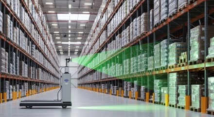 Autonomous Warehouse Robot Scanning Shelves in Large Industrial Storage Facility