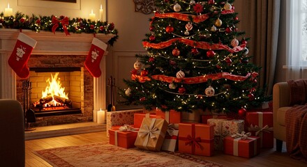 Fototapeta premium A festive christmas scene featuring a decorated tree and a cozy fireplace with hanging stockings