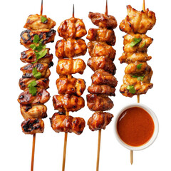 Four different types of satay skewers with sauce on the side, a delicious-looking chicken skewer, and an artfully plated dish with dressing sauce isolated [Transparent Background PNG].