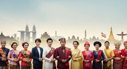 Group of people from different cultures standing together with famous landmarks