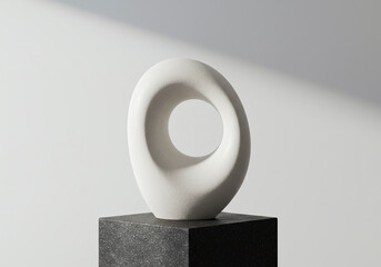 Abstract White Stone Sculpture Mockup on Dark Pedestal with Shadows