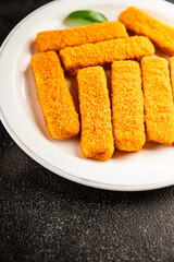 Fish stick seafood fish mince second course tasty snack fresh delicious gourmet food background on the table rustic food top view copy space pescetarian diet