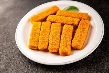 Fish stick seafood fish mince second course tasty snack fresh delicious gourmet food background on the table rustic food top view copy space pescetarian diet