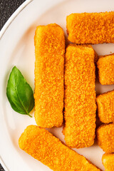 Fish stick seafood fish mince second course tasty snack fresh delicious gourmet food background on the table rustic food top view copy space pescetarian diet