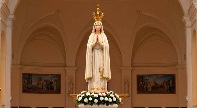 Statue of our lady of fatima adorned with a golden crown in a church with arched ceilings and paintings