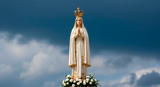 Statue of our lady of fatima with golden crown against a cloudy blue sky and white flower pedestal