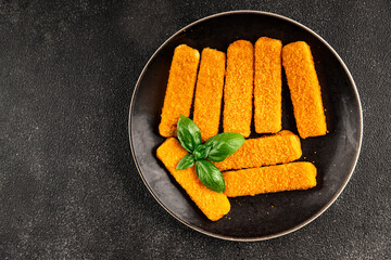 Fish stick seafood fish mince second course tasty snack fresh delicious gourmet food background on the table rustic food top view copy space pescetarian diet