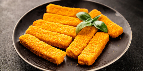 Fish stick seafood fish mince second course tasty snack fresh delicious gourmet food background on the table rustic food top view copy space pescetarian diet