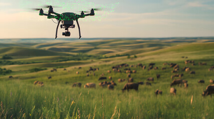 A drone uses AI tracking systems to monitor animals in a lush wildlife preserve.