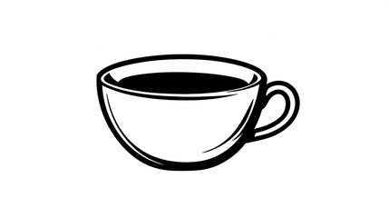 A simple illustration of a coffee cup, featuring a black outline and containing dark liquid, emphasizing a minimalist design.