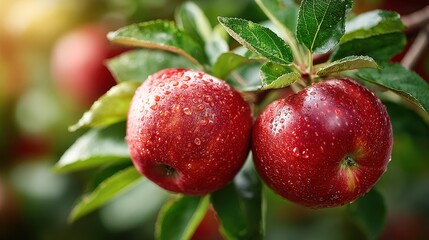 Obraz premium Fresh Red Apples on Tree Branch with Water Droplets in Orchard