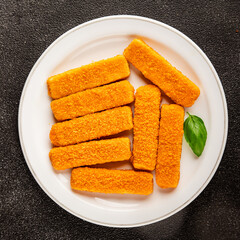 Fish stick seafood fish mince second course tasty snack fresh delicious gourmet food background on the table rustic food top view copy space pescetarian diet