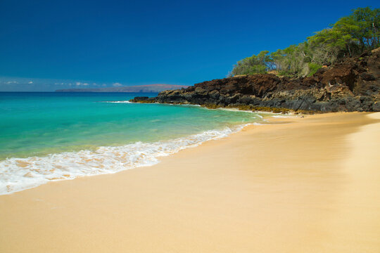 Tropical beach with golden sand, turquoise waters, rocky shoreline, and lush green trees. Makena, Makena state park, Oneloa beach, Maui, Hawaii