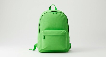 A vibrant green backpack with a front pocket displayed against a plain white background in studio lighting
