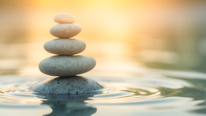 Fototapeta premium Tranquil Stone Tower on Water Surface During Sunset with Reflections and Gentle Ripples