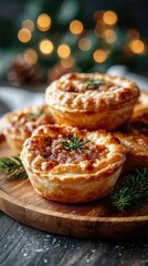 Fototapeta premium Festive Mince Pies with Rosemary Sprigs and Christmas Lights Background