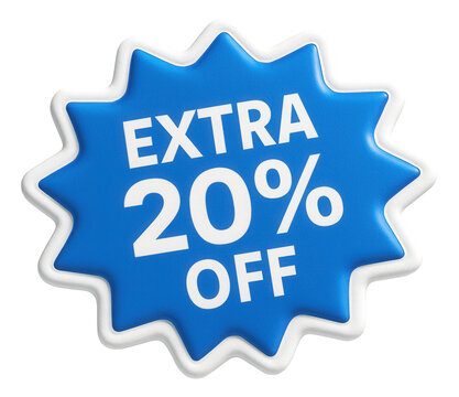 Bright blue burst sticker with EXTRA 20% OFF promotion in bold text, engaging retail discount offer on transparent background.
