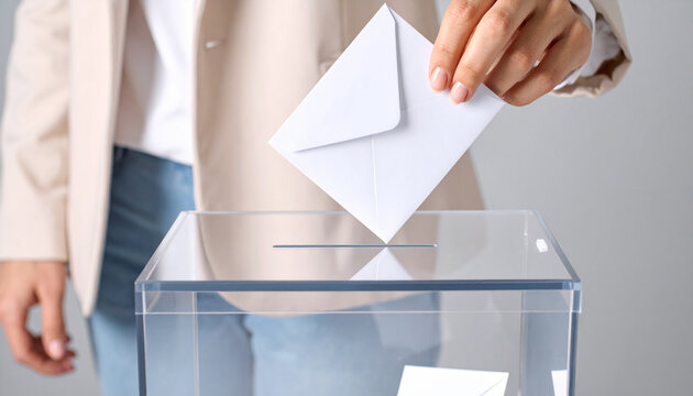 una mano de hombre metiendo una papeleta en una urna de cristal transparente en una votaci&oacute;npara elecciones en democracia