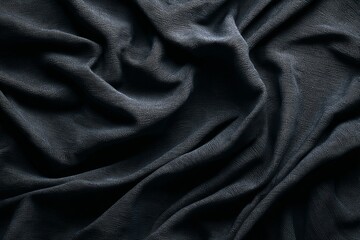 A close-up of black fabric with soft, flowing folds, creating an elegant and textured appearance.