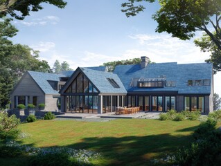 Obraz premium A large house with a green lawn and a blue roof. The house has a lot of windows and a large patio