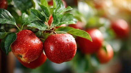 Obraz premium Fresh Red Apples on a Tree Branch with Water Droplets in Sunlight