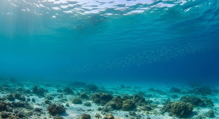 Obraz premium Stunning underwater scene with vibrant coral reef and school of fish in crystal blue water