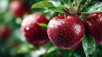 Obraz premium Fresh Red Apples with Water Droplets Hanging on Tree Branch