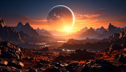 Alien Planet Sunset with Mountain Landscape.