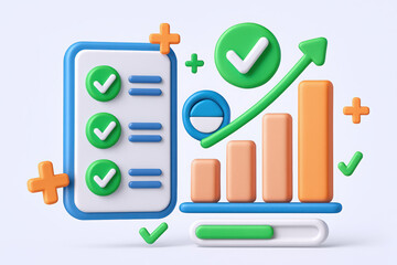 Colorful 3D illustration of checklists and growth graphs representing progress and success.