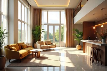 Fototapeta premium Luxurious Hotel Lobby Bright, Airy Space with Comfortable Seating, Natural Light, and Warm Inviting Atmosphere Perfect for Relaxation and Unwinding