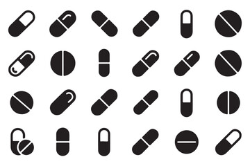 Vector art of collection of various black and white medicine pills and capsules for medical and pharmaceutical concepts