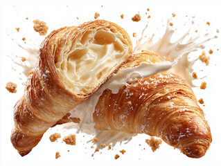 Detailed strawberry tart (tarte aux fraises), shiny fresh strawberries glazed with syrup, golden crisp pastry base, cream filling visible, sugar powder splash and strawberry slices in motion, isolated