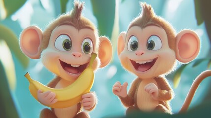 Fototapeta premium Two Cheerful Cartoon Monkeys Enjoying a Banana in an Lush Jungle Setting with Bright Background and Playful Expressions