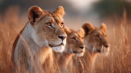 Obraz premium Lionesses in Golden Light: A Portrait of African Wildlife in the Savannah