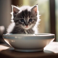 a cute gray kitten and a bowl of milk