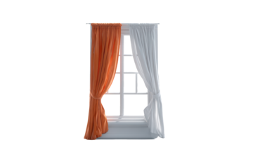 Window with orange & white curtains. Light streams in, casting shadows. Detailed frame