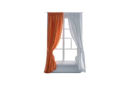 Window with orange & white curtains. Light streams in, casting shadows. Detailed frame