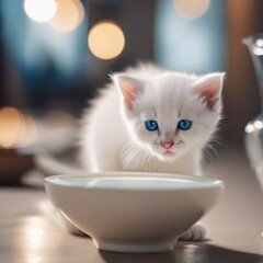 cute white kitten with blue eyes and a bowl of milk